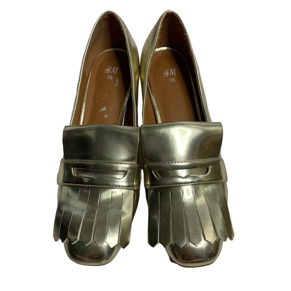 H&M Block Heel Fringe Loafers 38 US7 Gold Slip On Womens Shoes - Picture 1 of 10